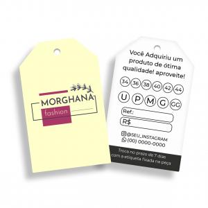 Tag, Etiqueta para Roupas Chanfrada Personalizada com sua logo Couchê 250gr 9 x 5 cm 4/4 - frente e verso colorido Laminação Brilho Frente e Verso | Laminação Fosca Frente Verso | Laminação Holográfica Frente Verso Recorte Eletrônico 